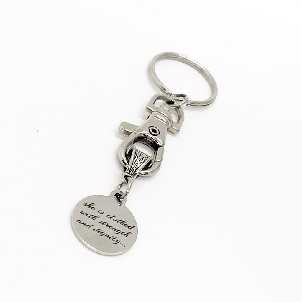 Christian Gift, She Is Clothed In Strength And Dignity And Laughs Without Fear Of The Future Keychain, Christian Woman, Faith Gift, C848