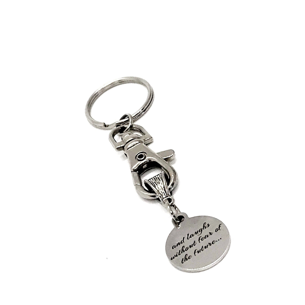 Christian Gift, She Is Clothed In Strength And Dignity And Laughs Without Fear Of The Future Keychain, Christian Woman, Faith Gift, C848