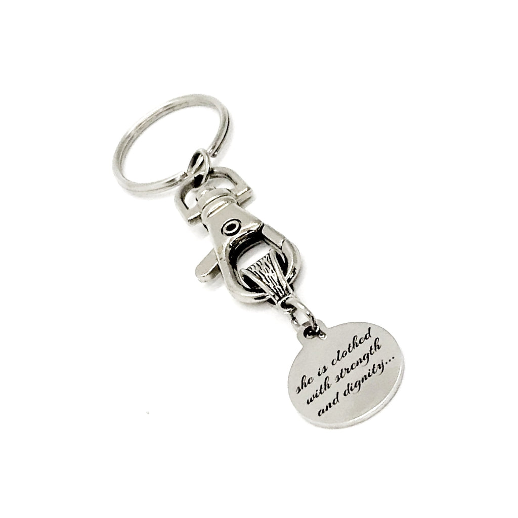 Christian Gift, She Is Clothed In Strength And Dignity And Laughs Without Fear Of The Future Keychain, Christian Woman, Faith Gift, C848