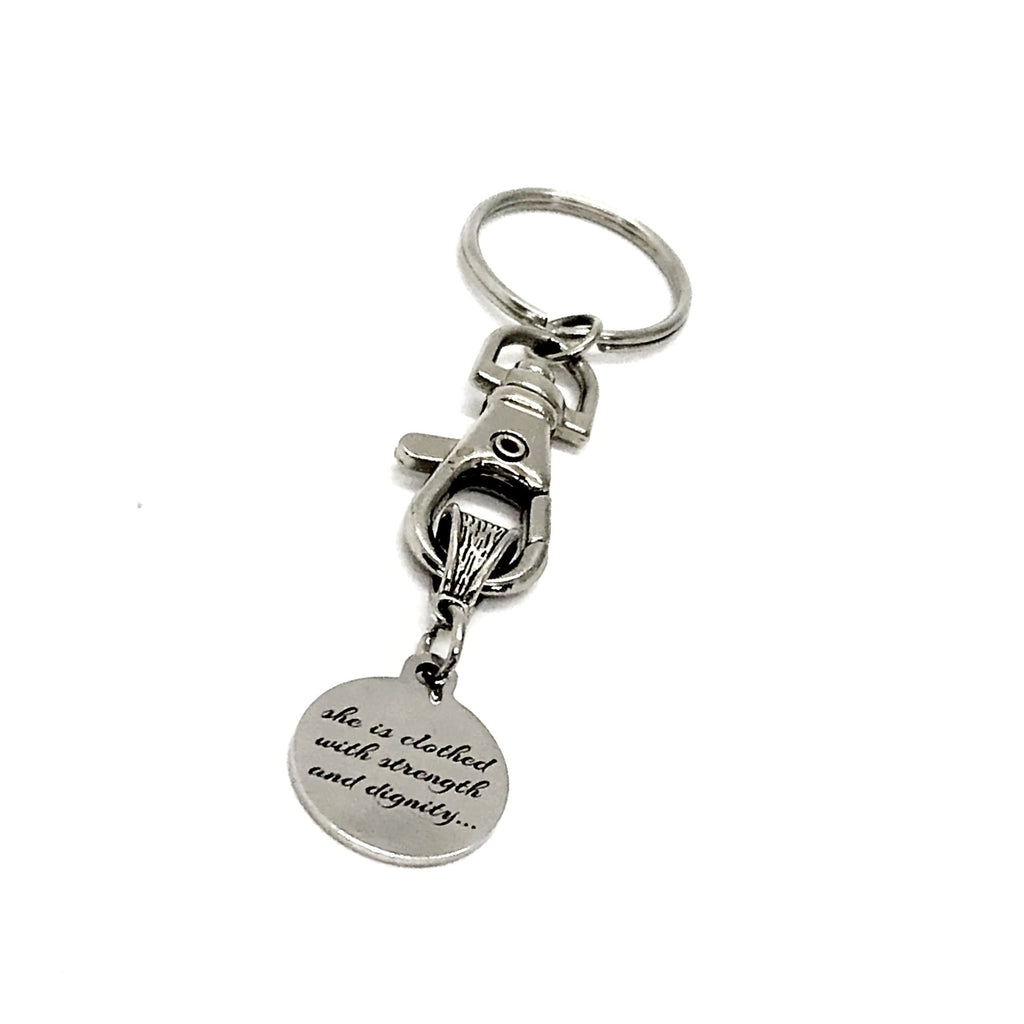 Christian Gift, She Is Clothed In Strength And Dignity And Laughs Without Fear Of The Future Keychain, Christian Woman, Faith Gift, C848