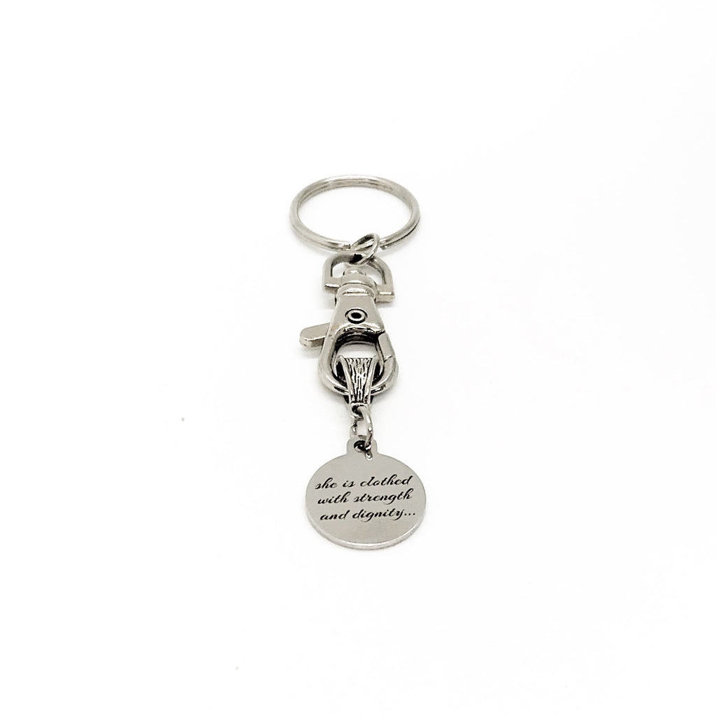 Christian Gift, She Is Clothed In Strength And Dignity And Laughs Without Fear Of The Future Keychain, Christian Woman, Faith Gift, C848