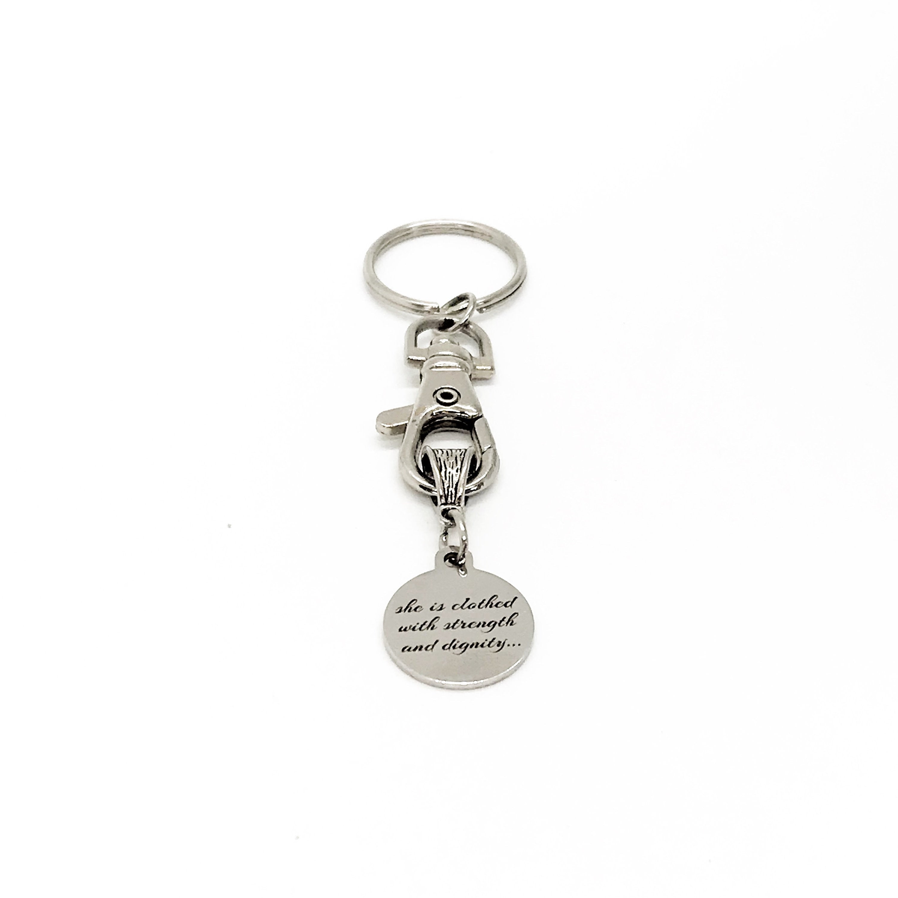 Christian Gift, She Is Clothed In Strength And Dignity And Laughs Without Fear Of The Future Keychain, Christian Woman, Faith Gift, C848